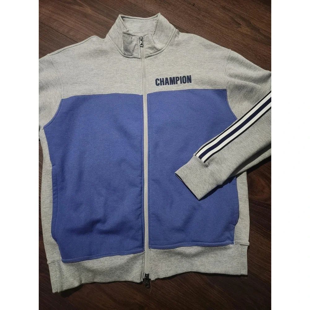 Champion Jacket Mens Large Gray Blue Full Zip Track Fleece Colorblock Athletic